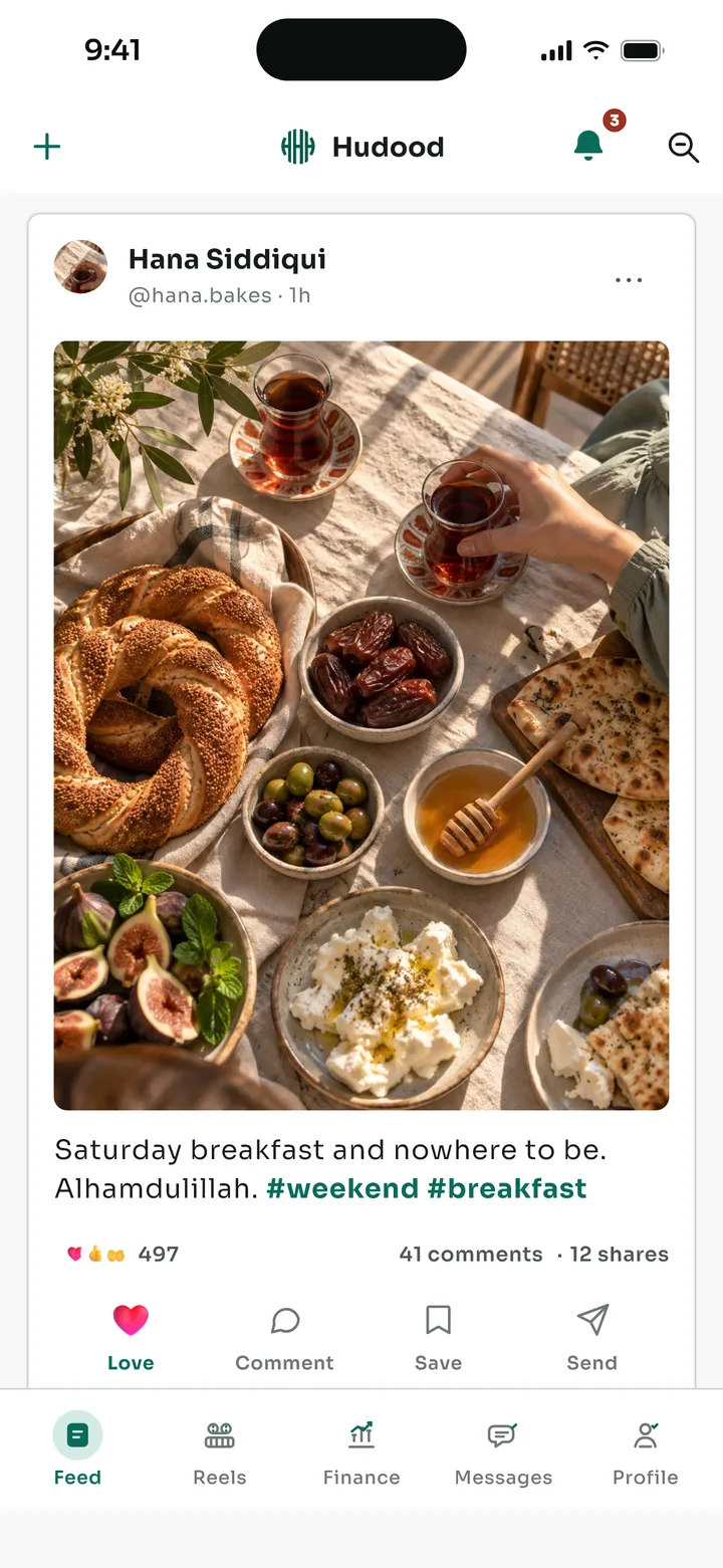 The Hudood feed: a breakfast photo post with Love reactions