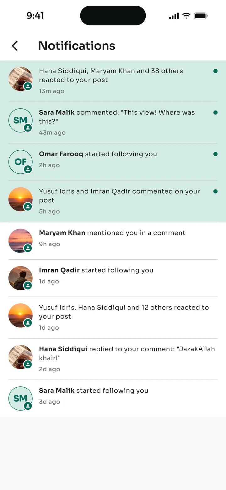 Grouped notifications: Hana, Maryam and 38 others reacted to your post