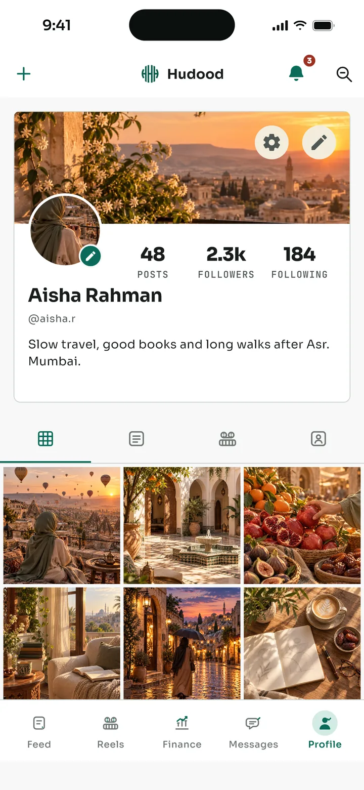 A Hudood profile with a banner, bio, follower counts and a grid of photo posts